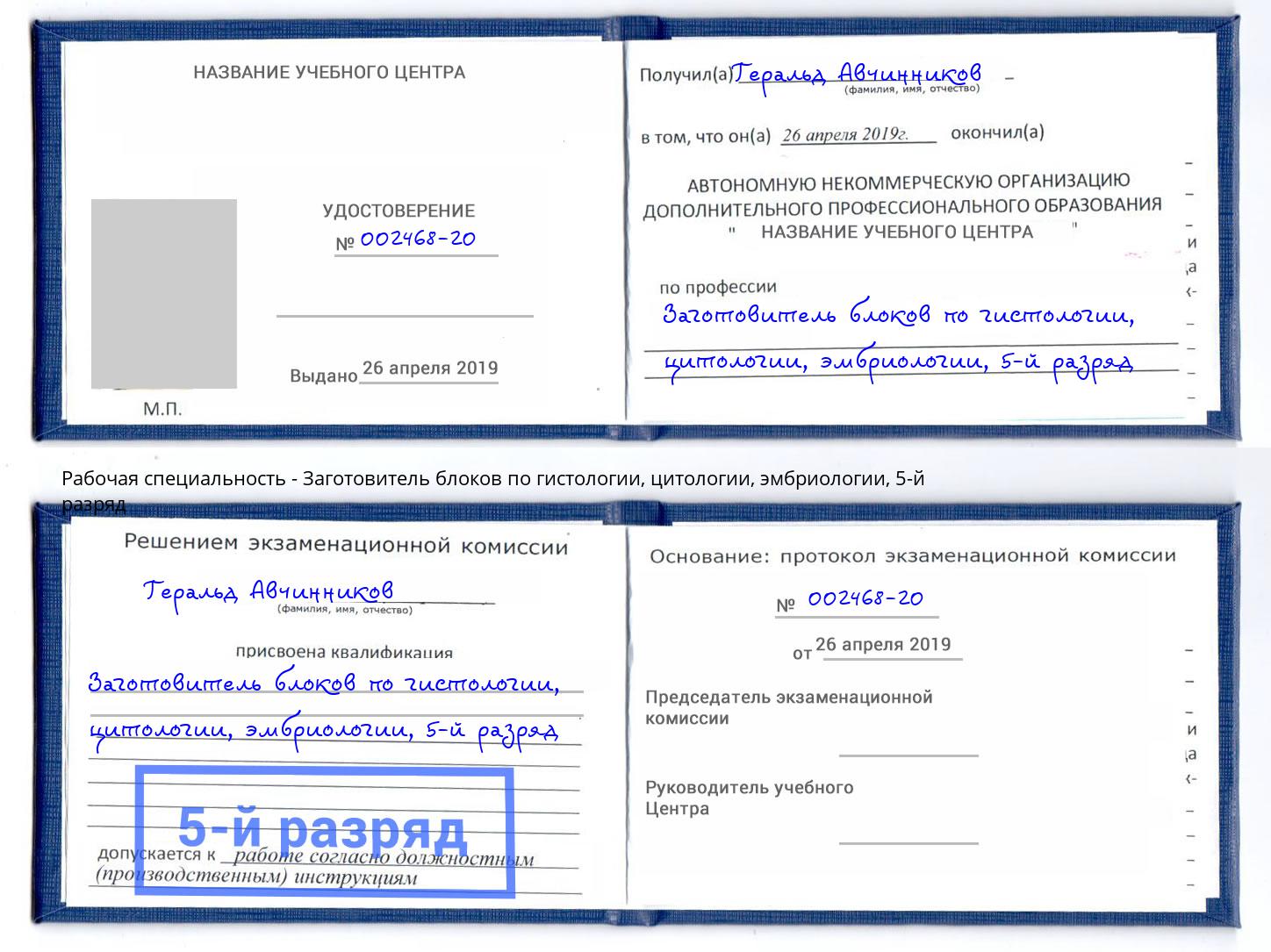 корочка 5-й разряд Заготовитель блоков по гистологии, цитологии, эмбриологии Горячий Ключ