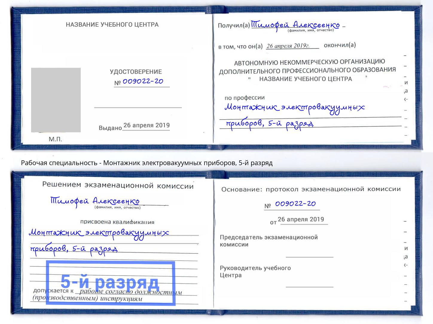 корочка 5-й разряд Монтажник электровакуумных приборов Горячий Ключ