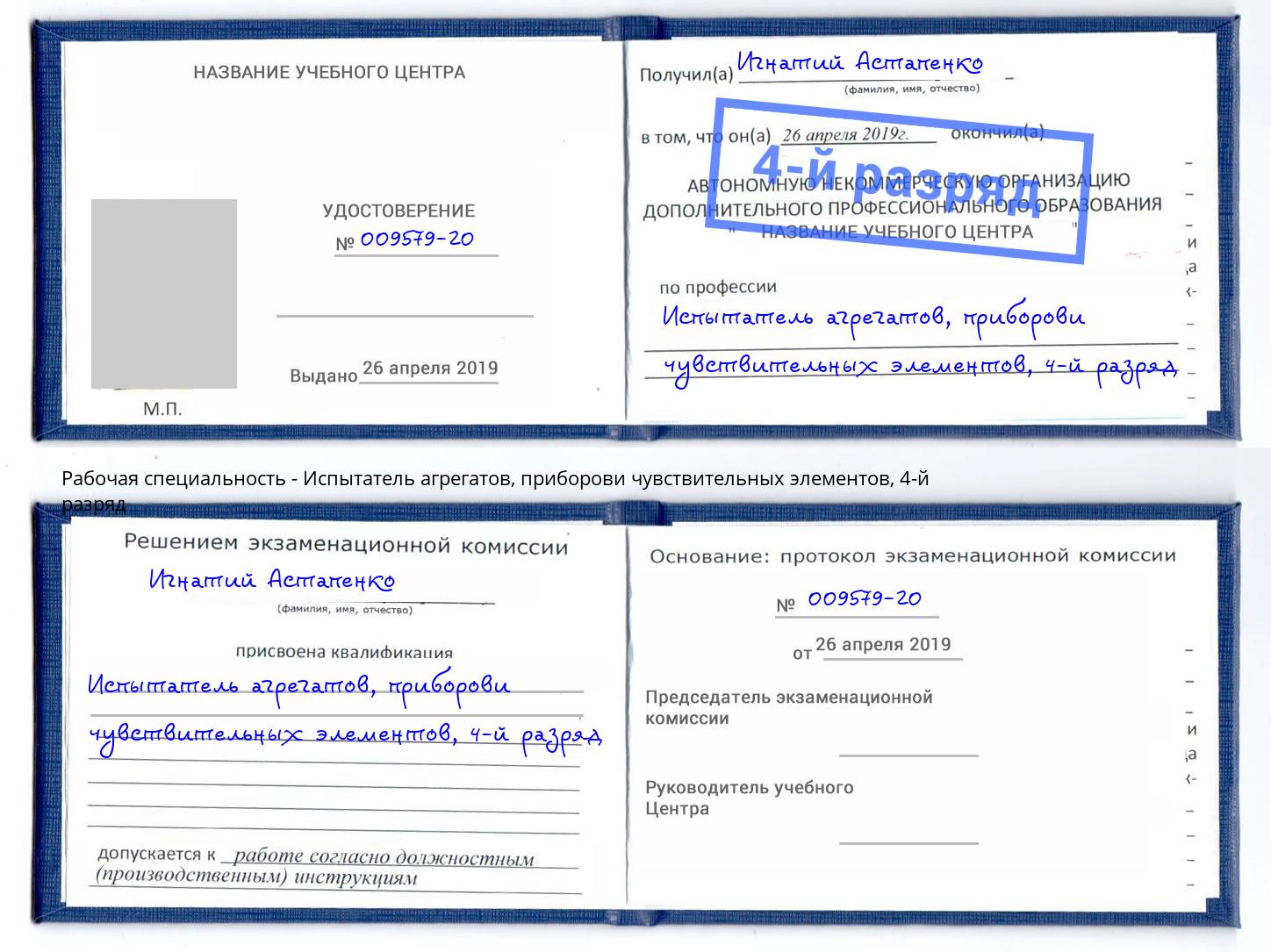 корочка 4-й разряд Испытатель агрегатов, приборови чувствительных элементов Горячий Ключ