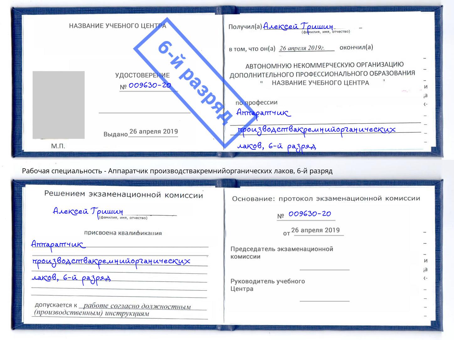 корочка 6-й разряд Аппаратчик производствакремнийорганических лаков Горячий Ключ