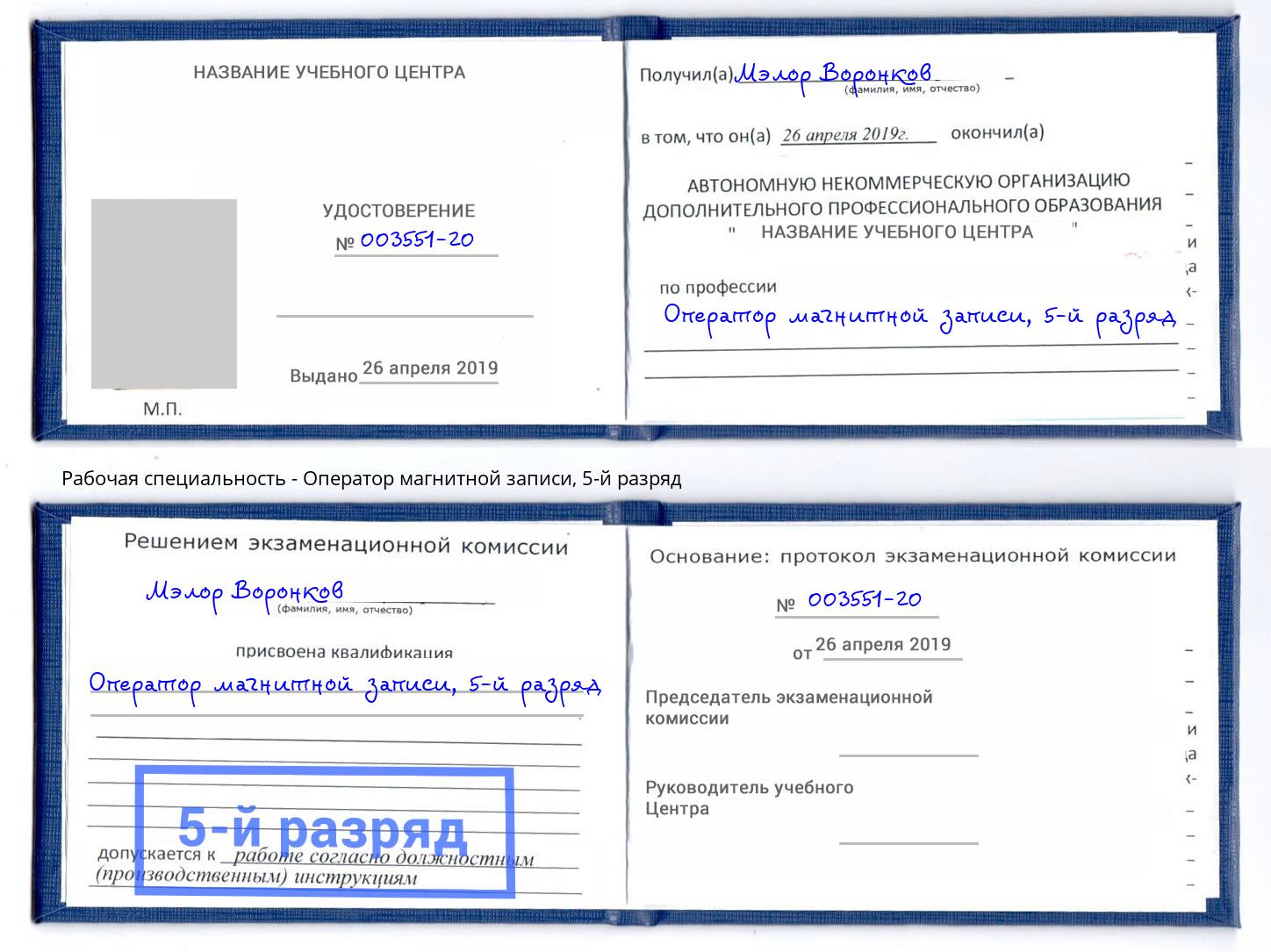 корочка 5-й разряд Оператор магнитной записи Горячий Ключ